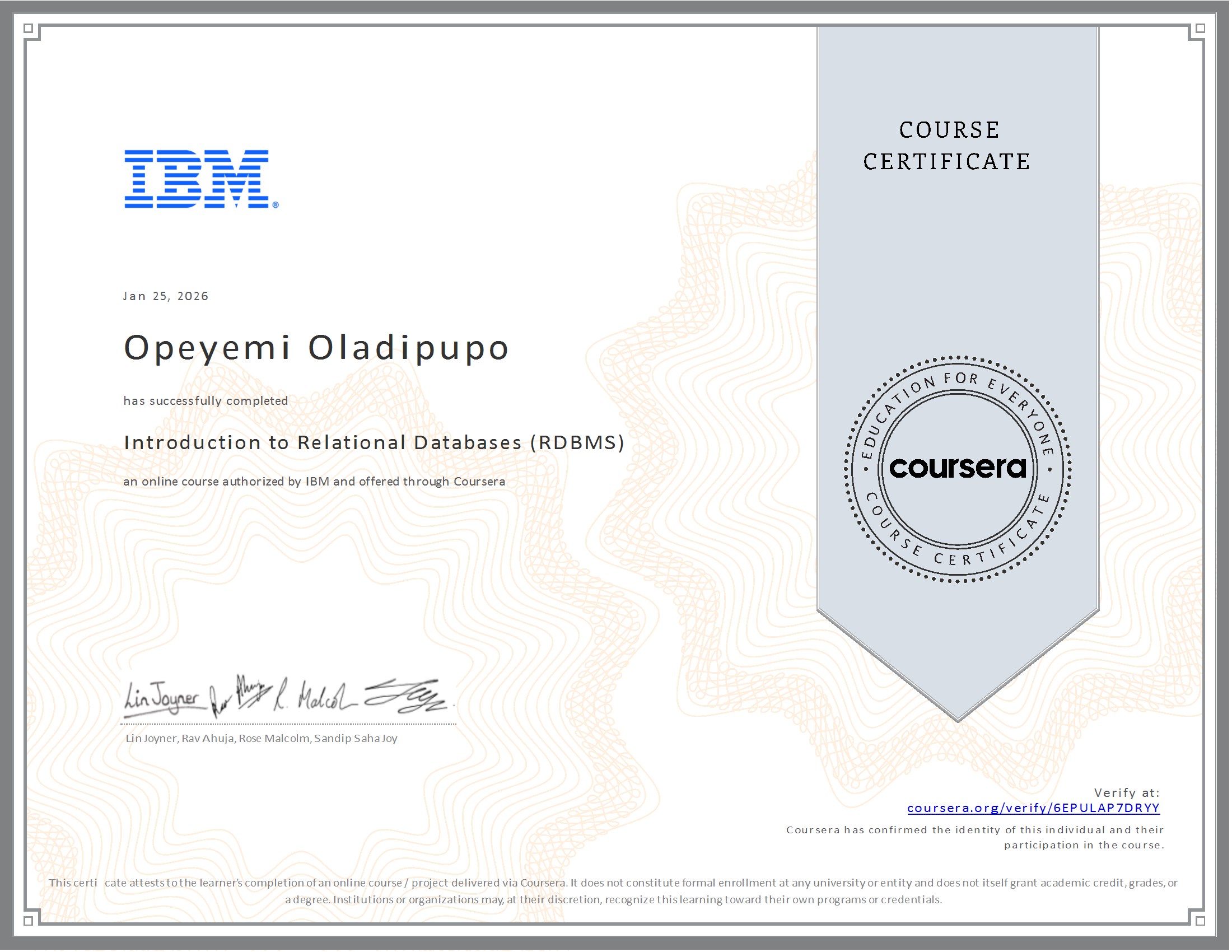 Introduction to Relational Databases (RDBMS) Certificate